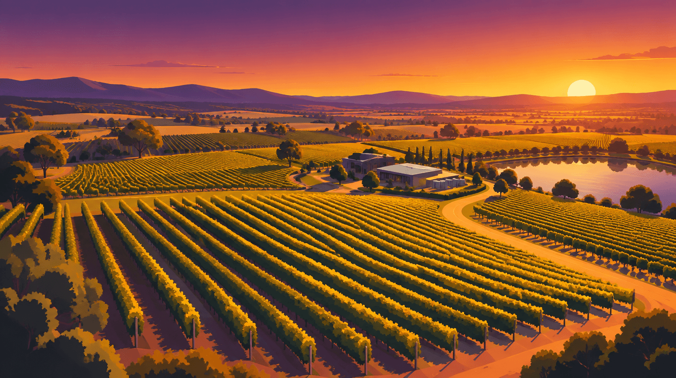 Golden-hour aerial view over vineyard rows in regional Australia