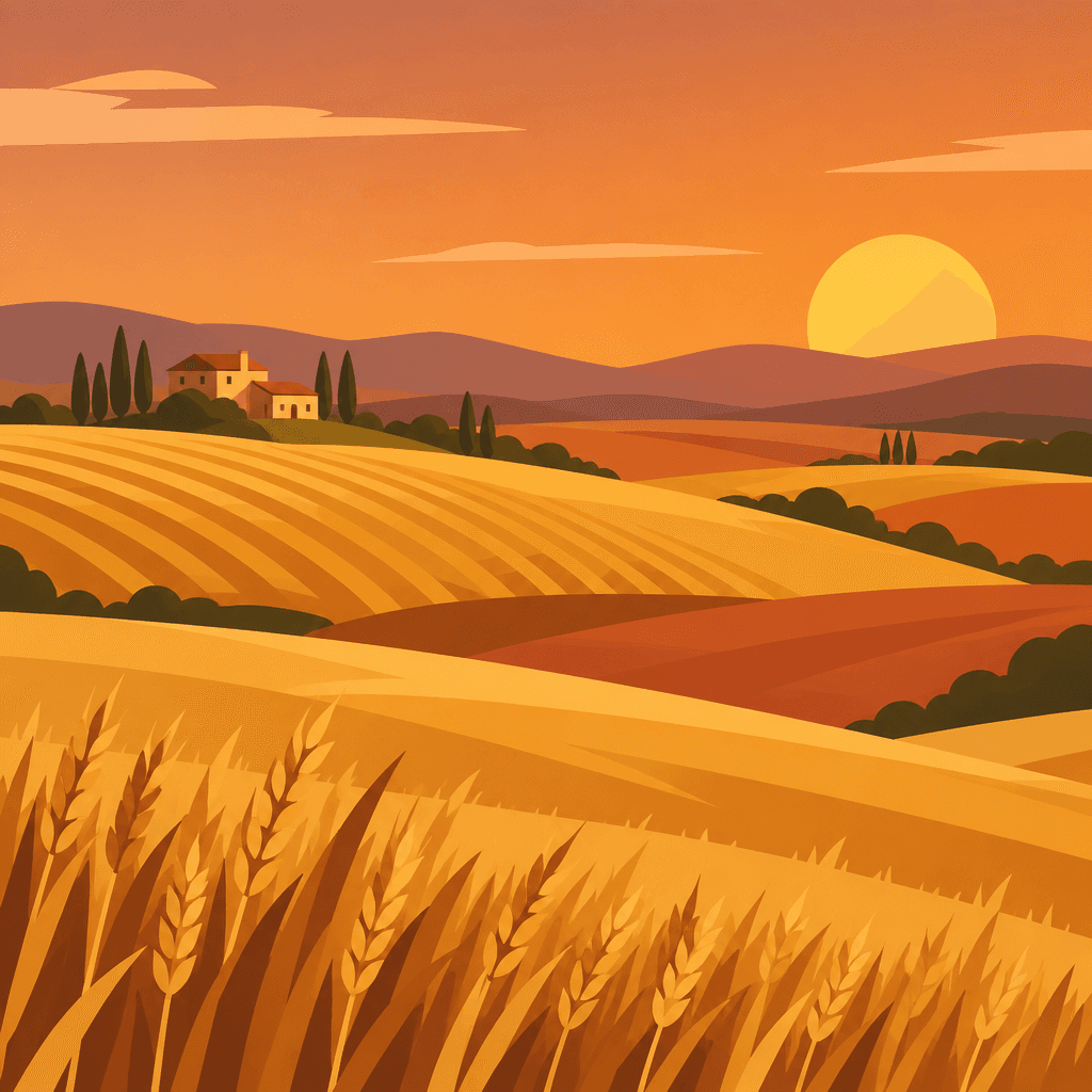 Golden farmland at dusk